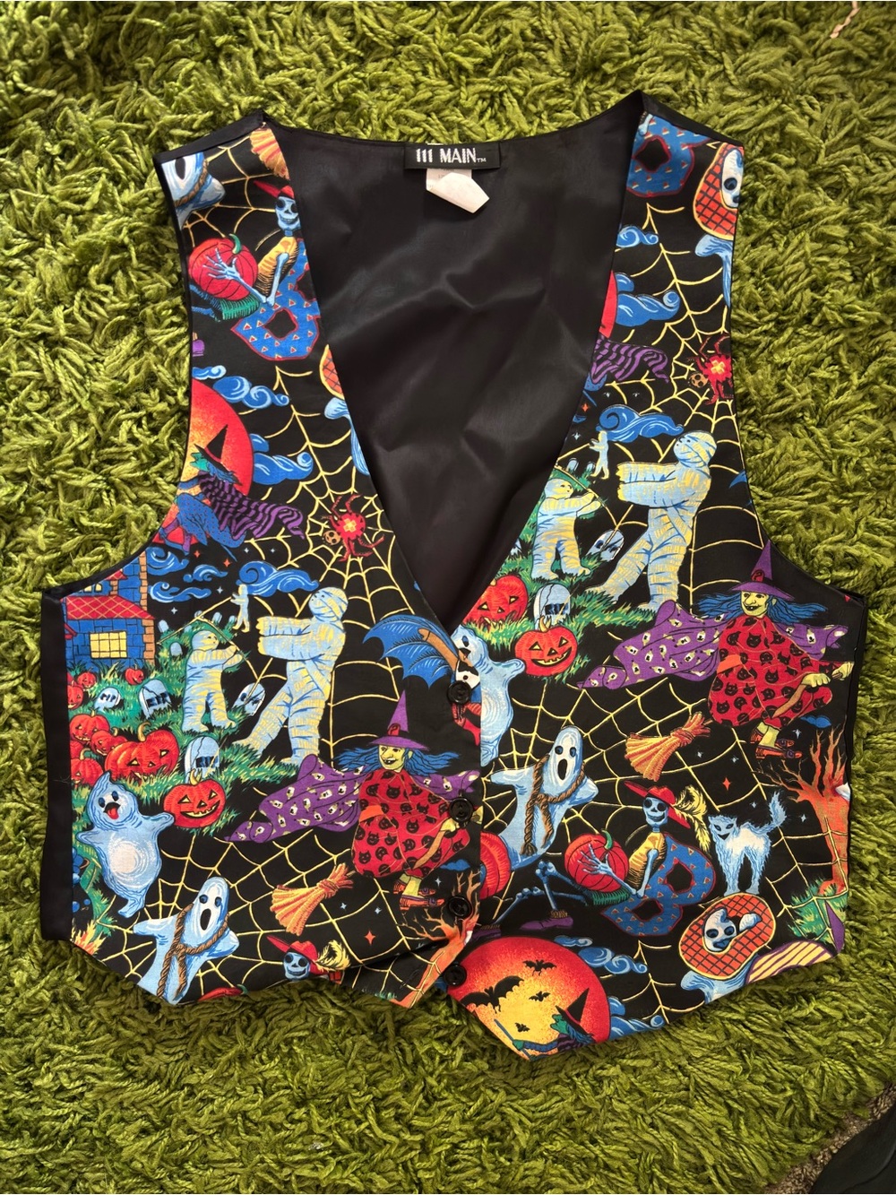 Vintage 90s Black Halloween Print Vest with Multicolor Spooky Graphics